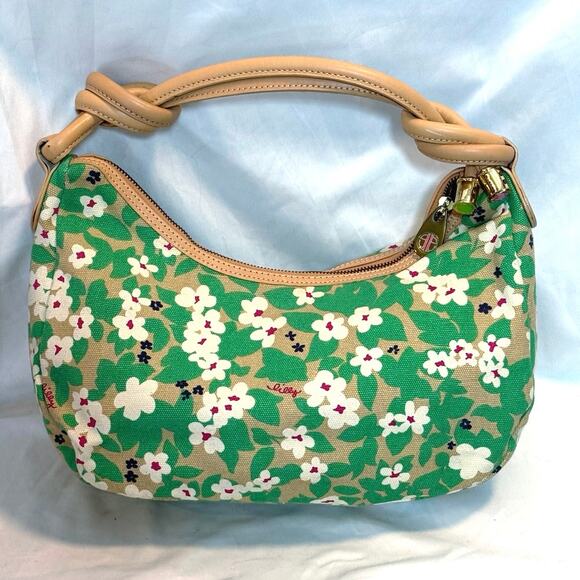 Lilly Pulitzer Handbags - Lilly Pulitzer Green Khaki Floral Hobo Handbag Bag Preppy Vintage Purse